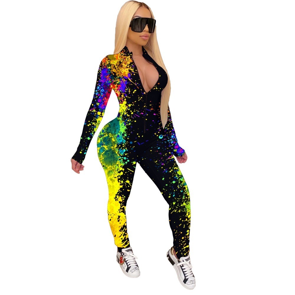 Women Long Sleeve Onesie Streetwear Splashed Ink Sexy Bodycon Jumpsuit Women Overalls Skinny Rompers Fall Fashion Clothing 201007