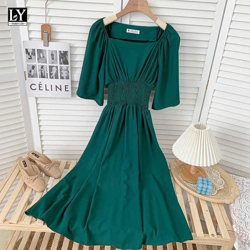LY VAREY LIN Summer Women High Waist A-line Solid Color Medium Long Dresses Casual Square Collar Flare Sleeve Female 210526