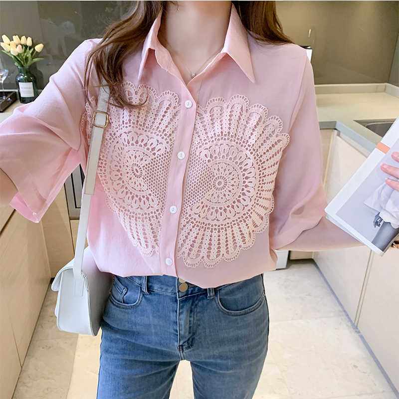 Korean Women Shirt Chiffon Blouses for Half Sleeve Shirts Female White Lace Embroidery Blouse Tops Plus Size Woman 210604