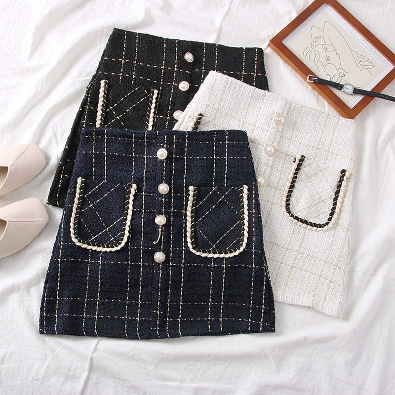 Tweed Skirts for Women Solid High Waist Slimming Autumn Spring Buttons Double Breasted Wool Mini Skirt 210705