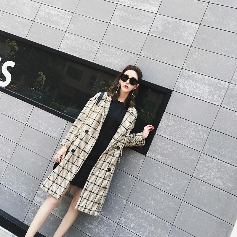 Women Blend Coat Loose Double Breasted Notch Collar Plaid Khaki Houndtooth Pocket Button