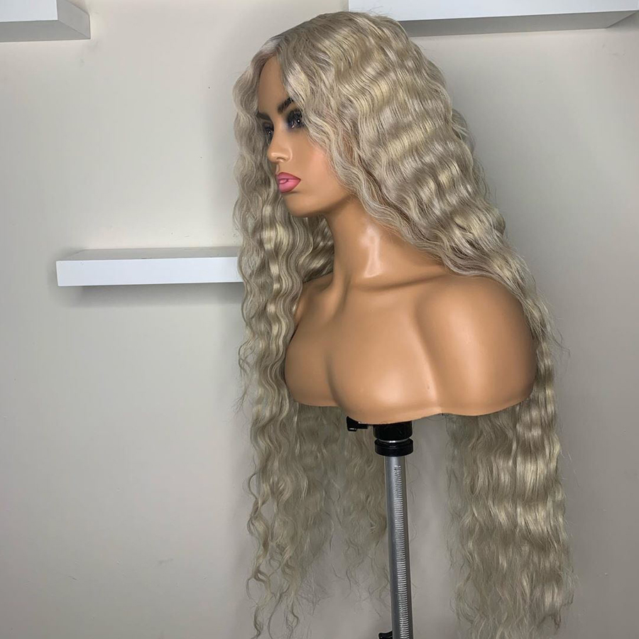 Long Blonde Synthetic Lace Front Wig Grey Colored Pre Plucked Deep Wave Frontal Simulation Human Hair Wigs For Women