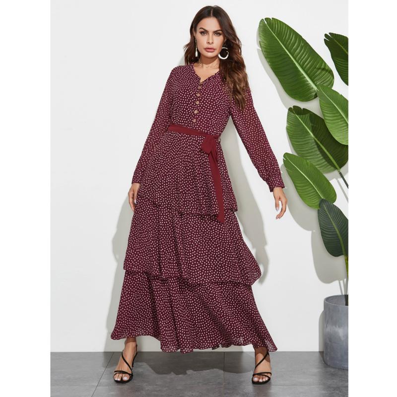 Ethnic Clothing Fashion Women Polka Dot Dress Abaya Vintage Bow Long Sleeve Maxi Dresses Kaftan Muslim Party Gown Holiday Jilbab Islamic Clo