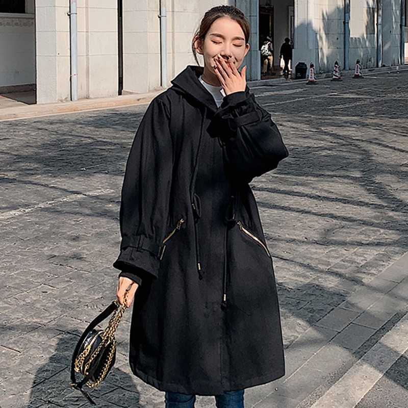 Genayooa Big Size Jacket And Coat For Women Sweet Candy Color Hooded Trench Femme Loose Long Sleeve Drawstring Windbreaker Chic 210527