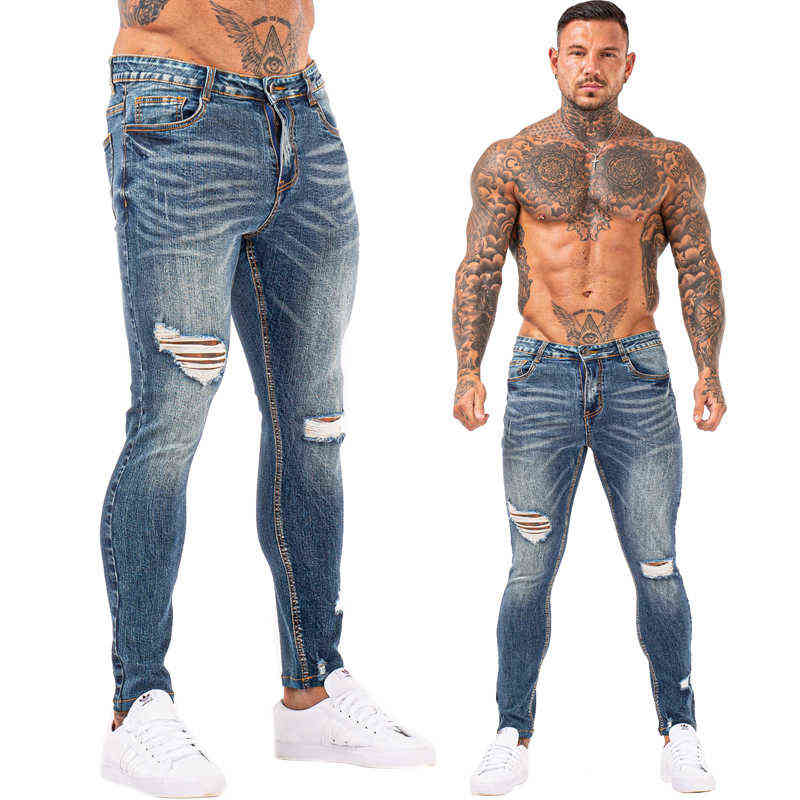 GINGTTO Jeans for Men Pants Elastic Waist Skinny Mens Stretch Ripped Streetwear Denim Blue 211111