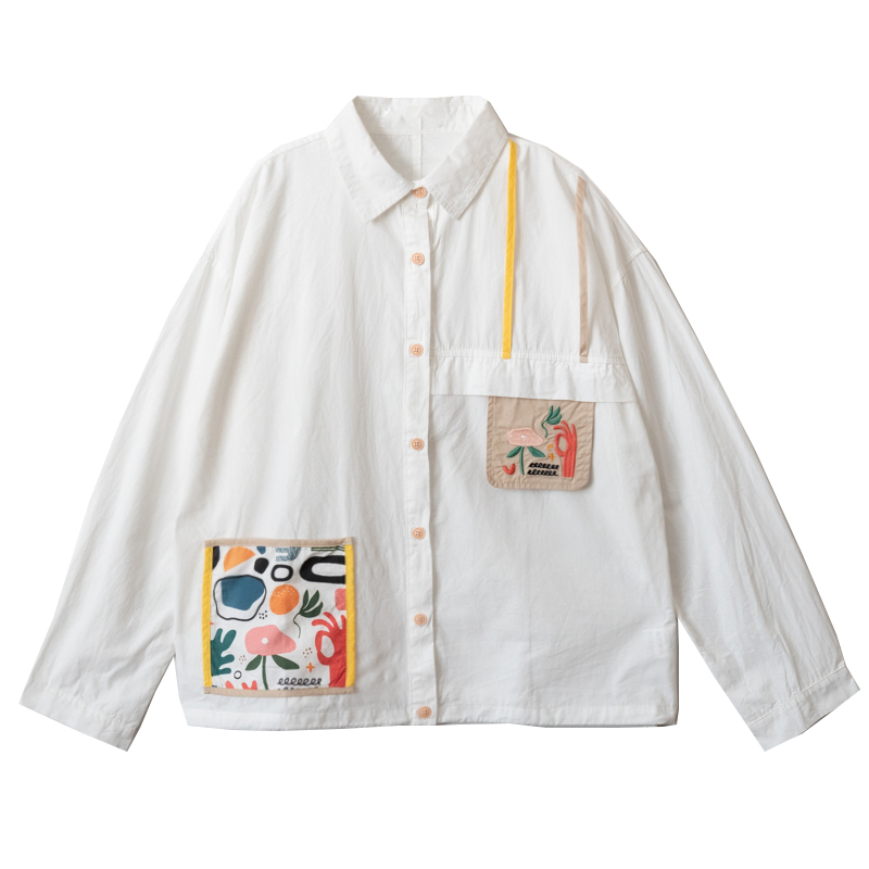 Bebobsons Casual Blouse For Women Cartoon Patch Long Sleeve Ladies Cotton Shirt Tops White Khaki 210225
