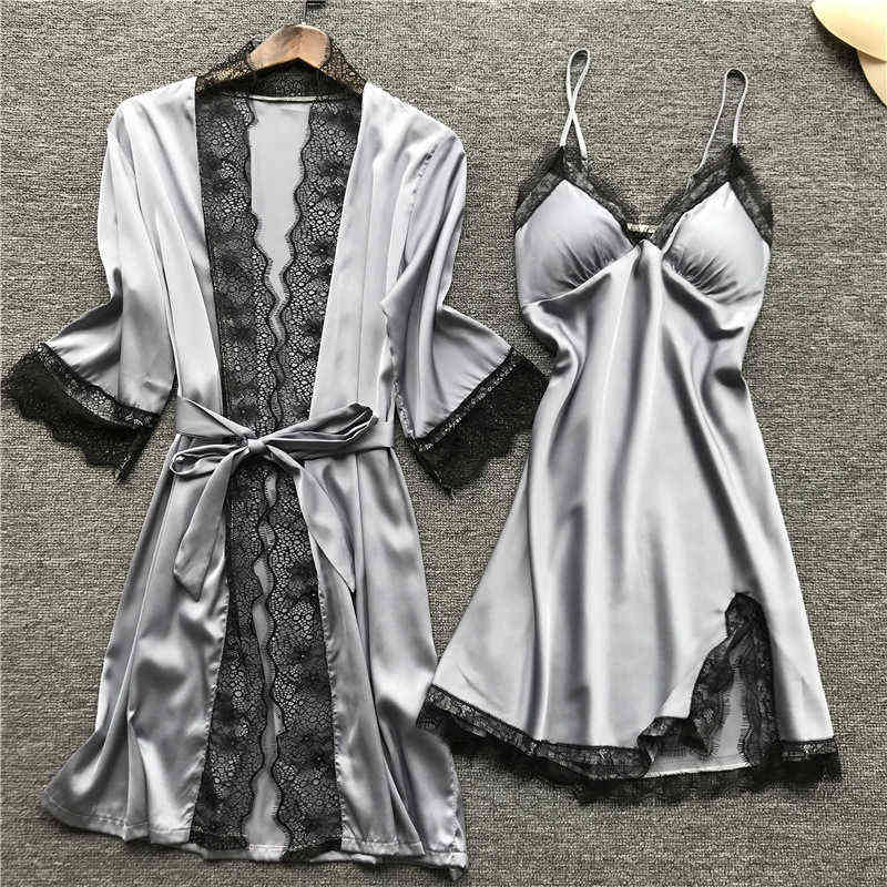 QWEEK pajamas for woman home clothes Silk Sexy Lace Pyjamas Satin Sleepwear Pijama Homewear Summer with Chest Pads 211112wtt