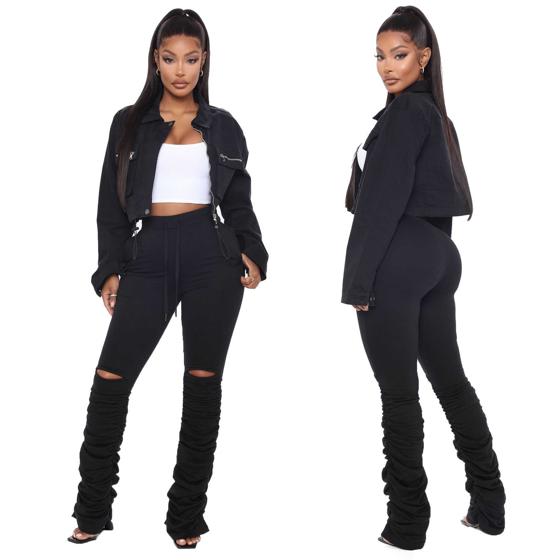 Autumn High Waist Drawstring Sweatpants Womens Stacked Pants Winter Clothes Woman Hole Skinny Casual Plus Size Trouses Mujer 210604