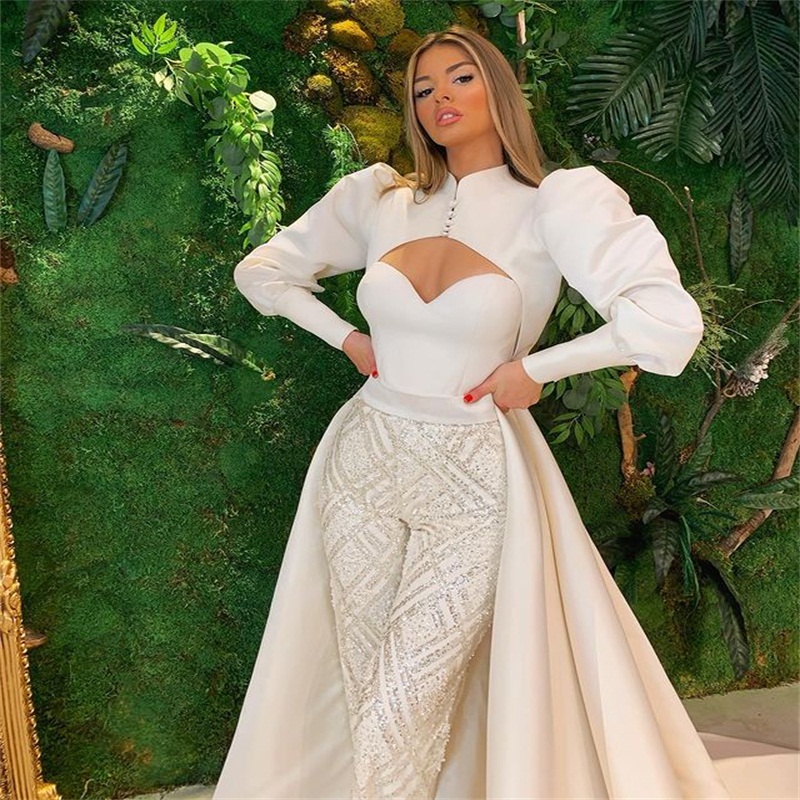 Newest Mermaid Wedding Dress With Detachable Train Sweetheart Appliqued Beads Bridal Gown Long Sleeves Custom Made Vestidos De Novia