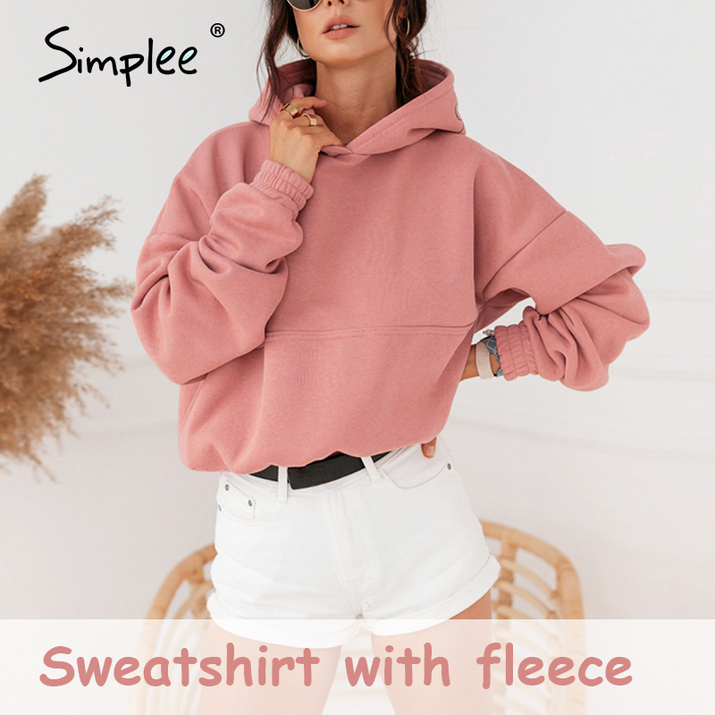 Simplee casual solid fleece women sweatshirt Long sleeve autumn winter women hoodies tops Fashion loose female shirt pull femme 200924