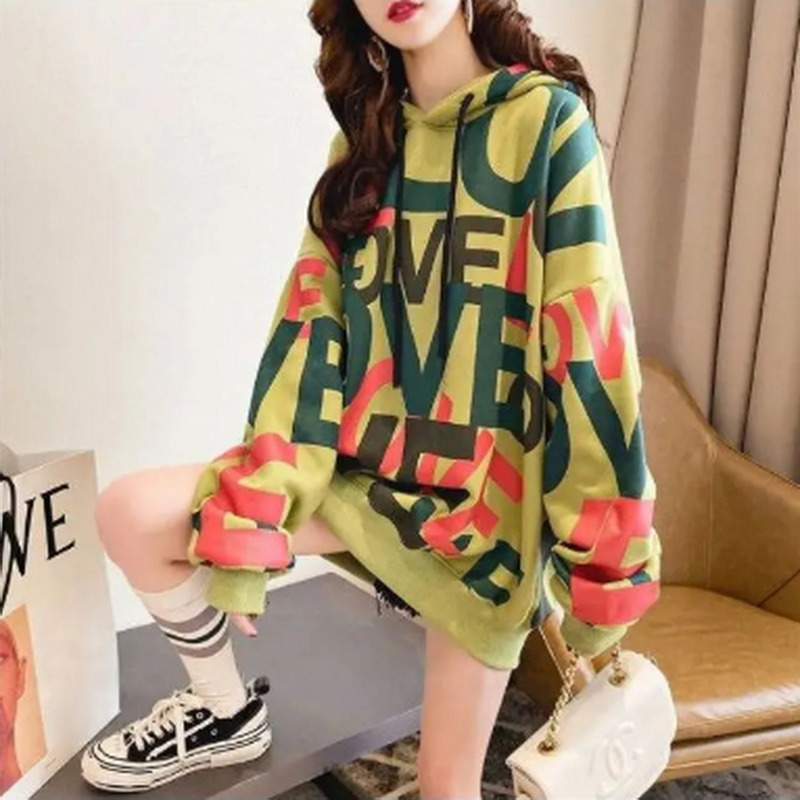 QRWR Korean Women Hoodie Sweatshirts Winter Casual Fleece Oversized Hoodies Loose Letter Printing Thicken Hoodies for Girls 201126