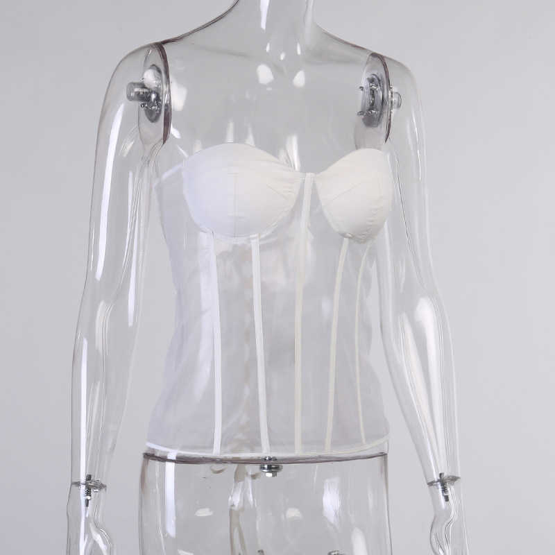 Colysmo Mesh Corset Top Cut out White Patchwork Lace up Slim Fit See Through Bustier Strapless Crop Cami Women Sexy Party Wear 210527