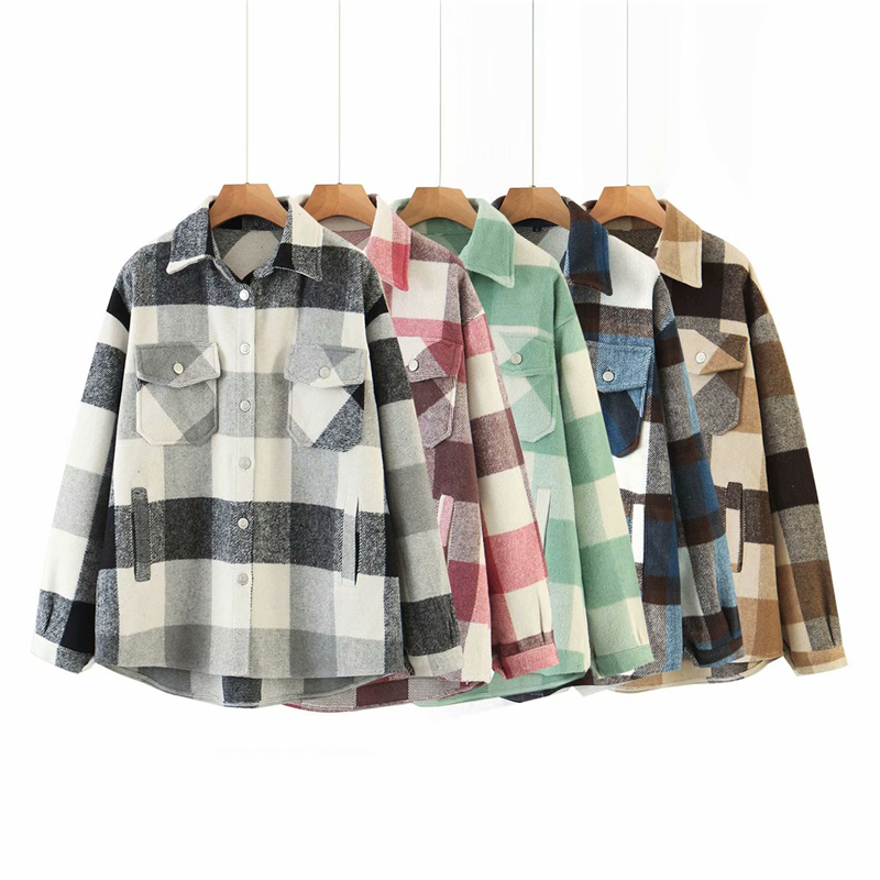 ZXQJ streetwear women woolen thick shirts autumn fashion ladies plaid shirt female chic oversize top casual girls blouses 210225