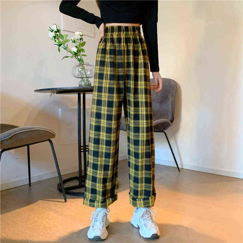 Checkered Pants for Women Vintage Plaid Fashion Korean Style Wide Leg Summer Blue Harajuku Oversized Trousers 211115