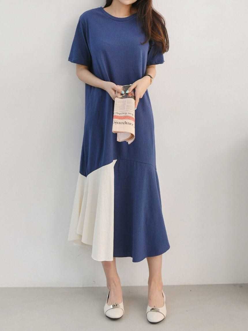 Qooth Casual T shirt Dres Shirt Summer Loose Short-Sleeved Split Female Patchwork Blue Maxi QT041 210609
