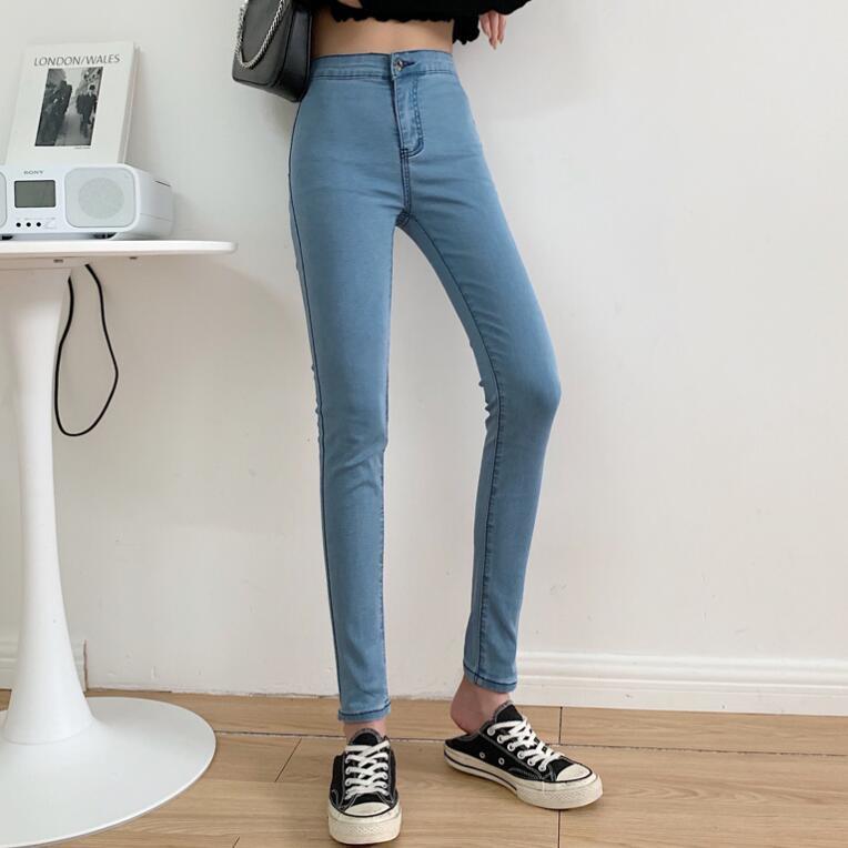 Tonglord Women's Stretch High Waist Jeans Autumn Skinny Trousers Woman Black Blue Gray Washed Pencil Pants Elastic Denim Pants 210222