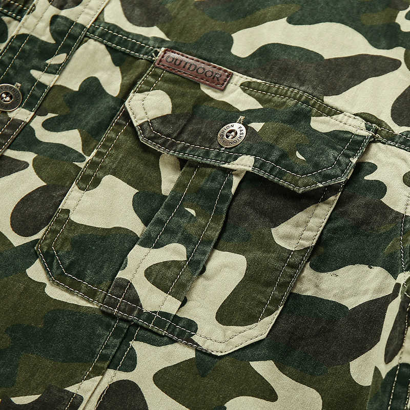 Camouflage Short Sleeved Shirts Men Summer Army Green Cotton Denim Shirts Casual Tooling Shirts Slim 2 Pockets Men's Blouse 210603