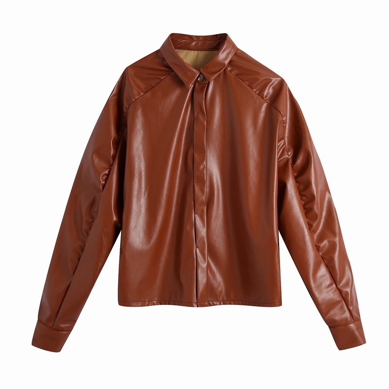 Women Pu Leather Shirt Autumn Fashion Brown Color Modern Lady Casual Top 210602