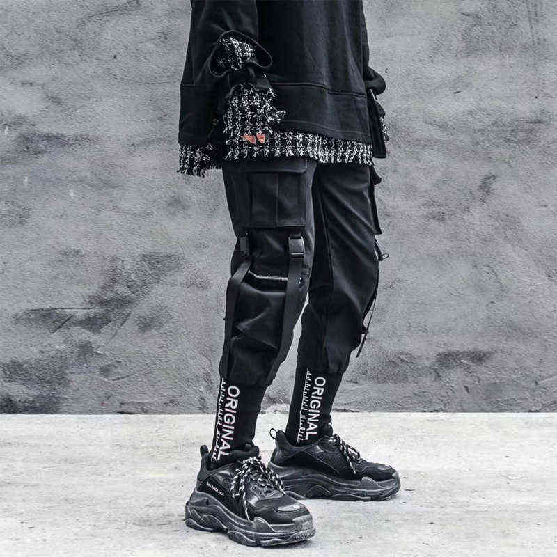 Japanese Fashion Sweatpants Streetwear Cargo Pants for Men Ribbon Pockets Joggers Techwear Men's Trousers Hip Hop 211112