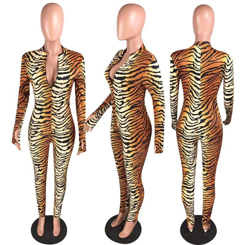 HAOYUAN Sexy One Piece Tiger Print Bodycon Jumpsuit Club Outfits Fall Festival Long Sleeve Zip Up Tight Rompers Womens Jumpsuit 201007