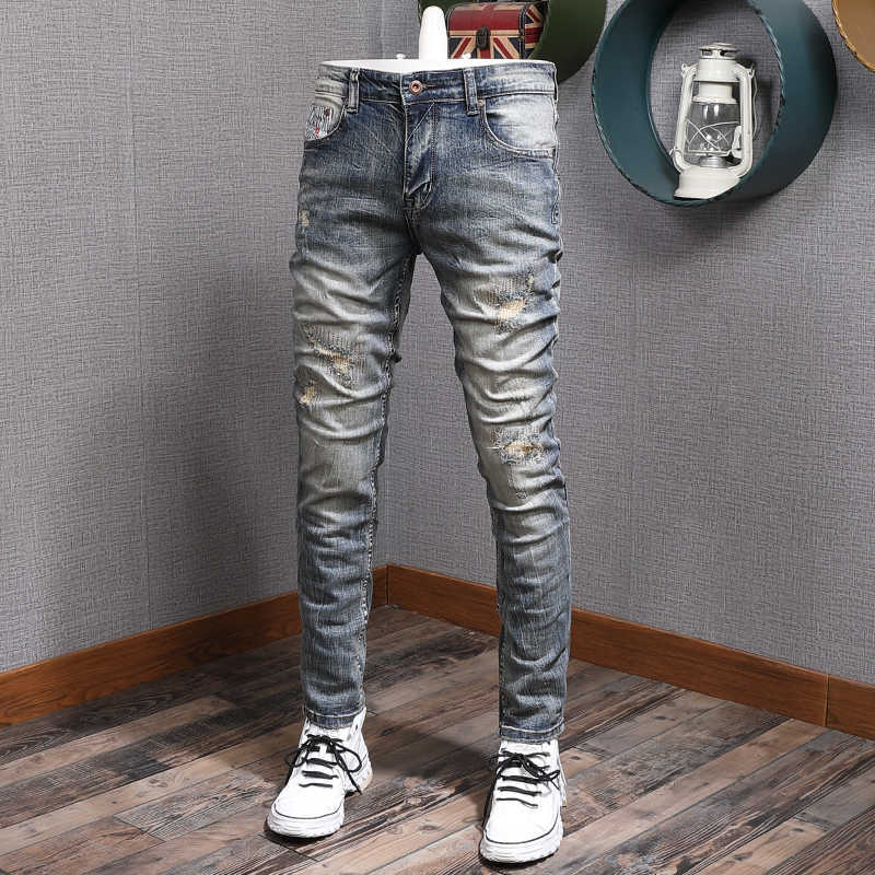 Italian Style Fashion Men Jeans Retro Blue Wash Elastic Slim Fit Ripped Denim Pants Patchwork Vintage Designer Long Trousers
Italian Style Fashion Men Jeans Retro Blue Wash Elastic Slim Fit Ripped Denim Pants Patchwork Vintage Designer Long Trousers