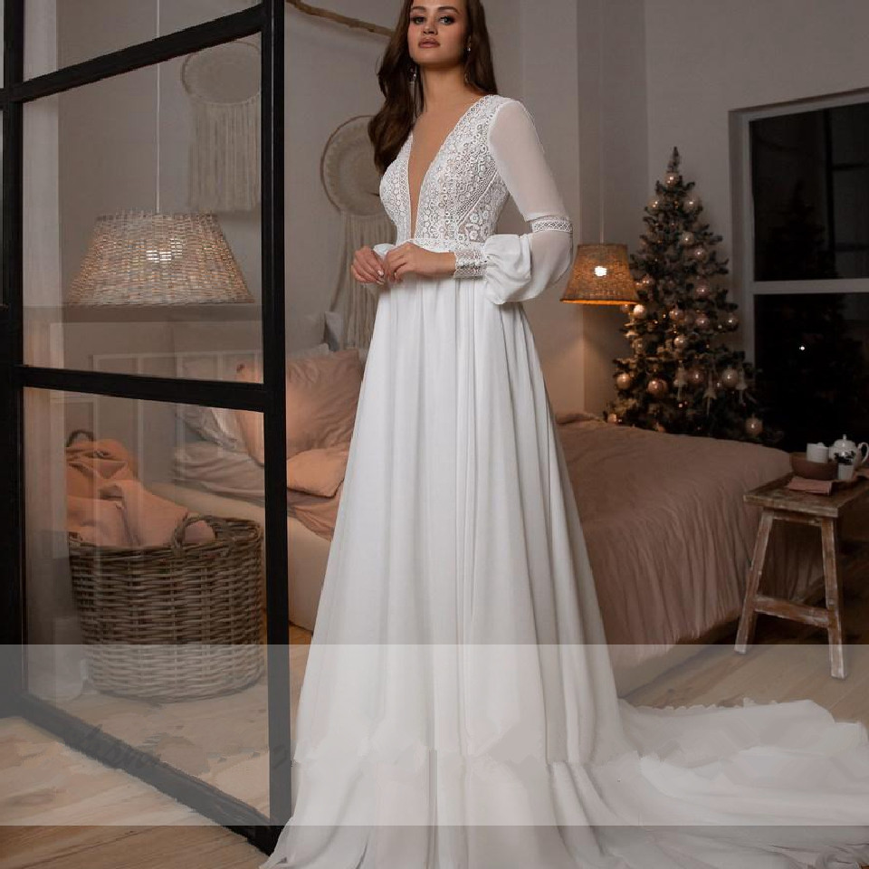 Bohemian Chiffon Boho Wedding Dresses Long Sleeves Sexy Backless Illusion V-Neck Court Train Long Beach Wedding Dress Bridal Gowns Vestidos