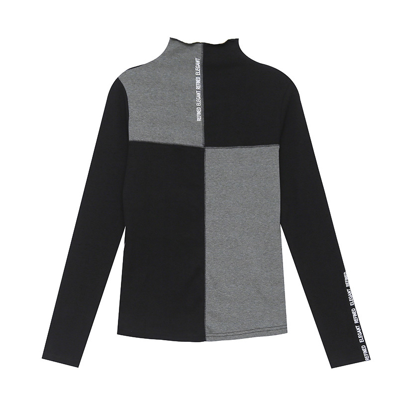 New Women Spring/Autumn Slim T-Shirt Patchwork Bottoming Long Sleeve Casual Korean Minimalist Triko Top Tees Sanded T07833B 210310