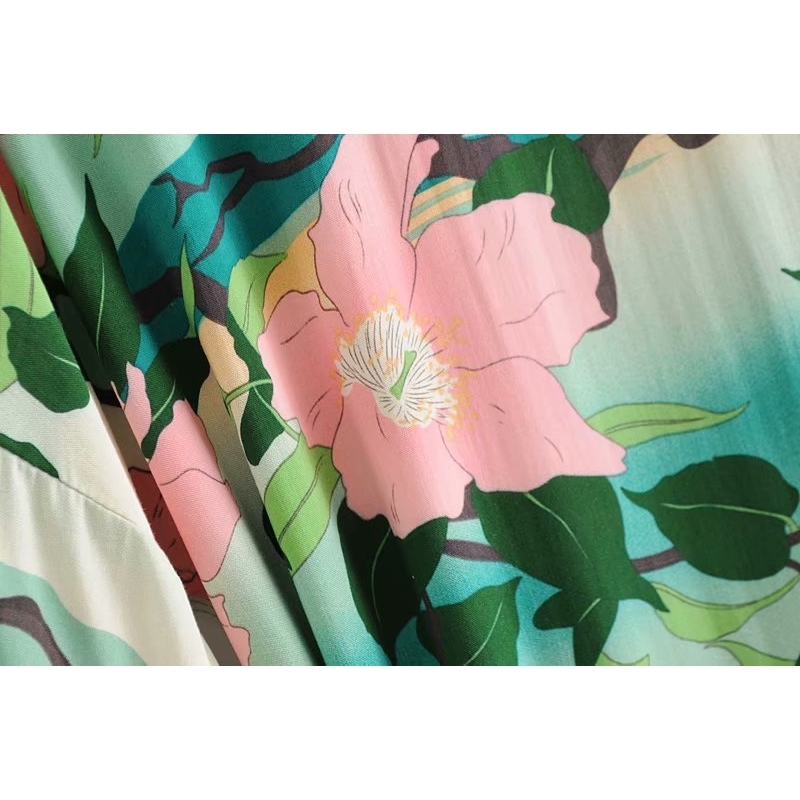 Boho Vintage green Floral Print Sashes Women bohemian V Neck batwing Sleeves happie Blouses Casual Blusas robe Kimono T200321