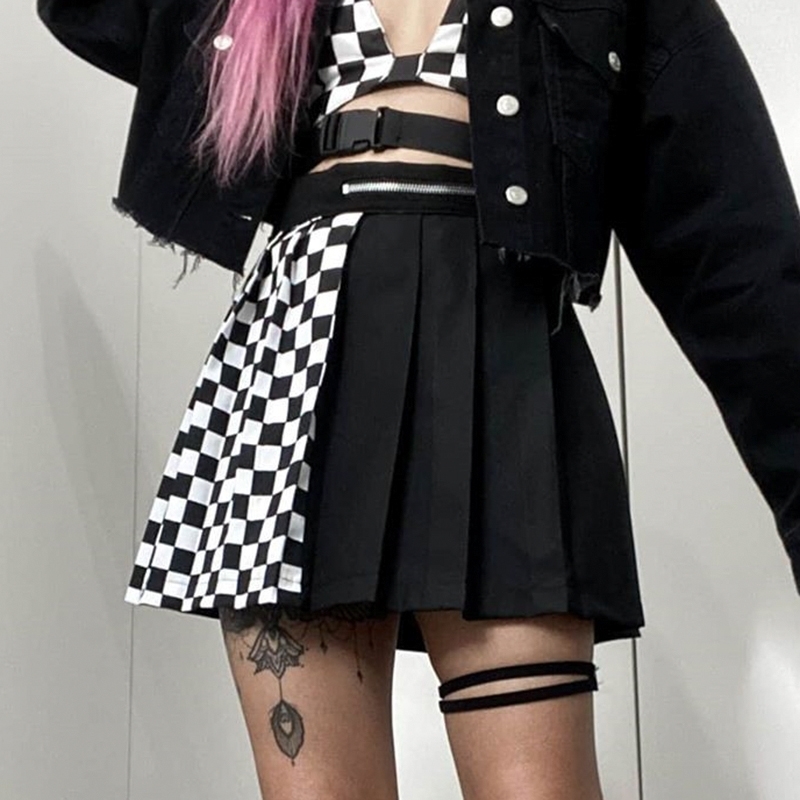SUCHCUTE gothic high waist women pleated mini skirt patchwork ribbons A-line Skirts streetwear solid female party outfits 210309