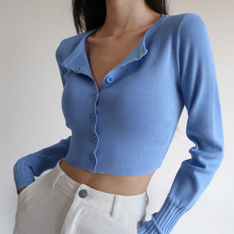 WOMENGAGA American Slim Round Neck Solid Color Single-breasted High Waist Full Sleeve Knitted Bottoming Cardigan Sweater DNKJ 210603