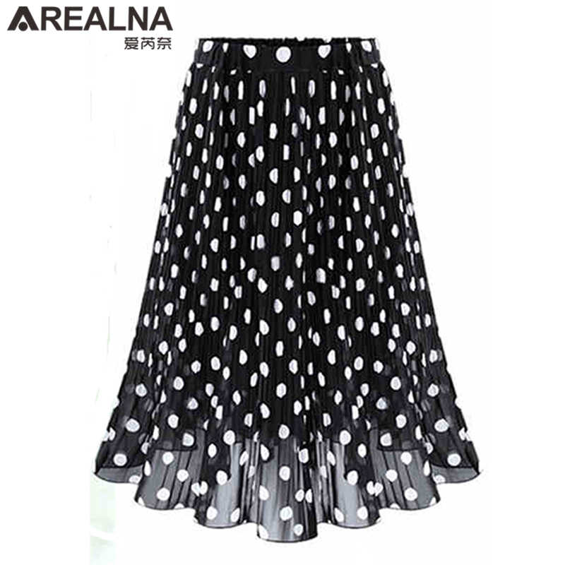 Black White Women's Tulle Polka Dot Chiffon Pleated Skirt Summer Skirts Womens Plus Size Harajuku Korean Midi Flared Skirt Women 210309