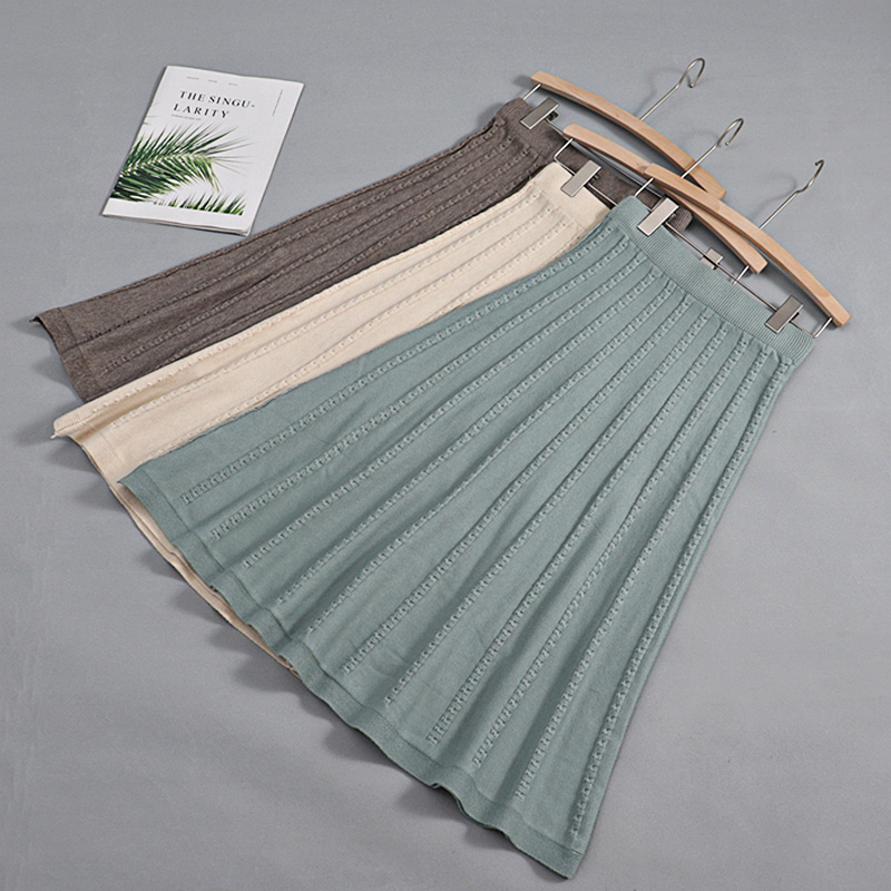GIGOGOU Thick Warm Women Pleated Skirts Elastic High Waist Knitted Sweater Skirts Autumn Winter Long A Line Midi Black Skirt 210306
