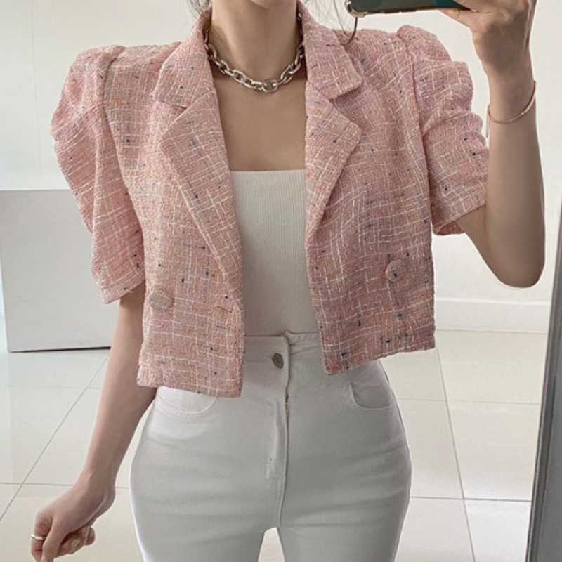Korea Chic Retro Summer Short Sleeve Lapel Tweed Jacket Straight Puff Sleeve Short Cardigan Coat Crop Tops Fashion Sexy Wild 210928