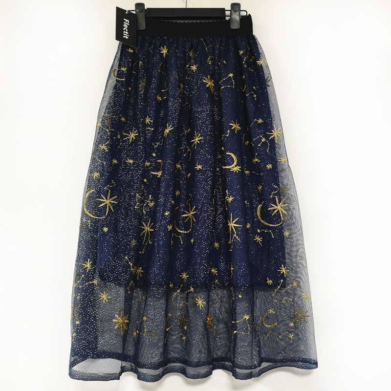 Flectit Gold Moon Star Embroidered Tulle Skirt Vintage Semi Sheer Fabric High Waist Pleated Midi Skirt For Women Ladies 210309