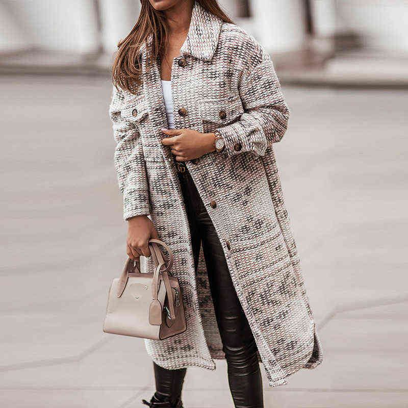 Women Elegant Pattern Print Long Overcoat Winter Casual Single Breasted Long Sleeve Cardigan Jacket Autumn Blend Wool Outerwear 211130