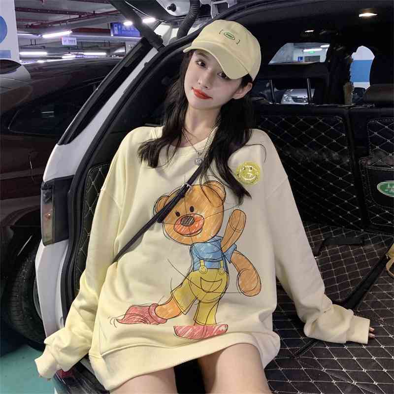 2021 new loose bear printed long sleeved sweater women's spring autumn lazy coat is thin and fashionable, Apricot
2021 new loose bear printed long sleeved sweater women's spring autumn lazy coat is thin and fashionable, Apricot