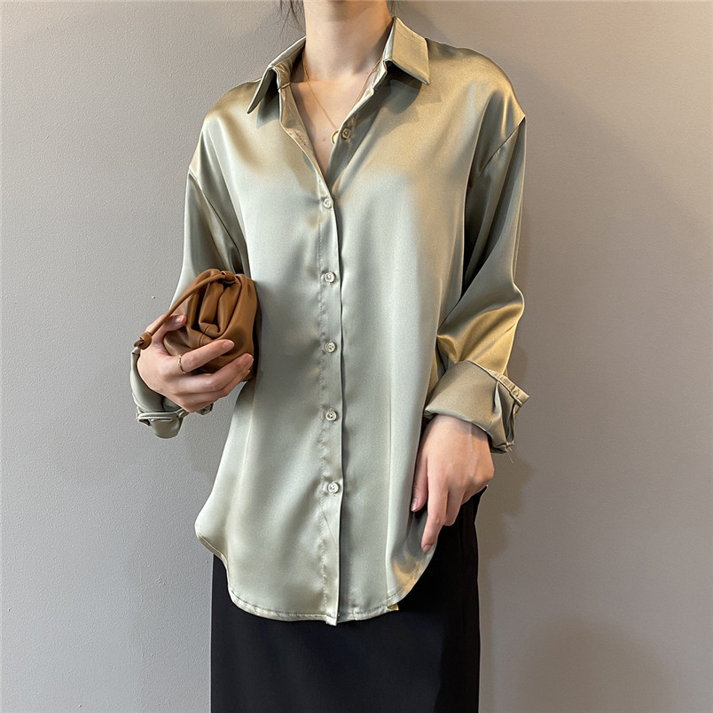 Autumn Women Satin Black Blouse Shirt Vintage Long Sleeves Femme V Neck Street Shirts Elegant Fashion Blouse Shirts 210225