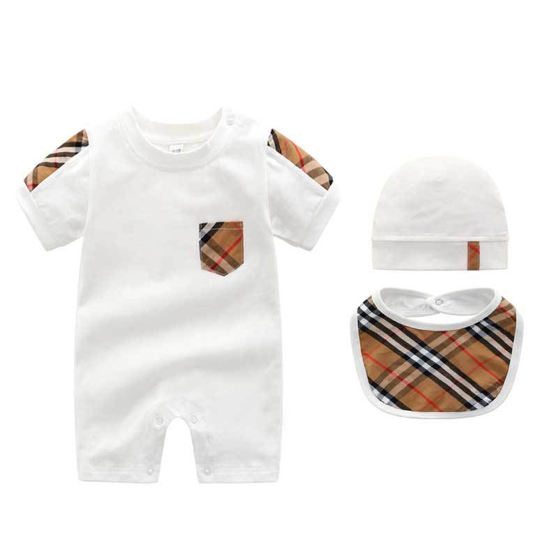 Spring Autumn Fashion Newborn baby clothes Unisex cotton Plaid stripes new born baby boy girls rompers hat Bibs 3 set