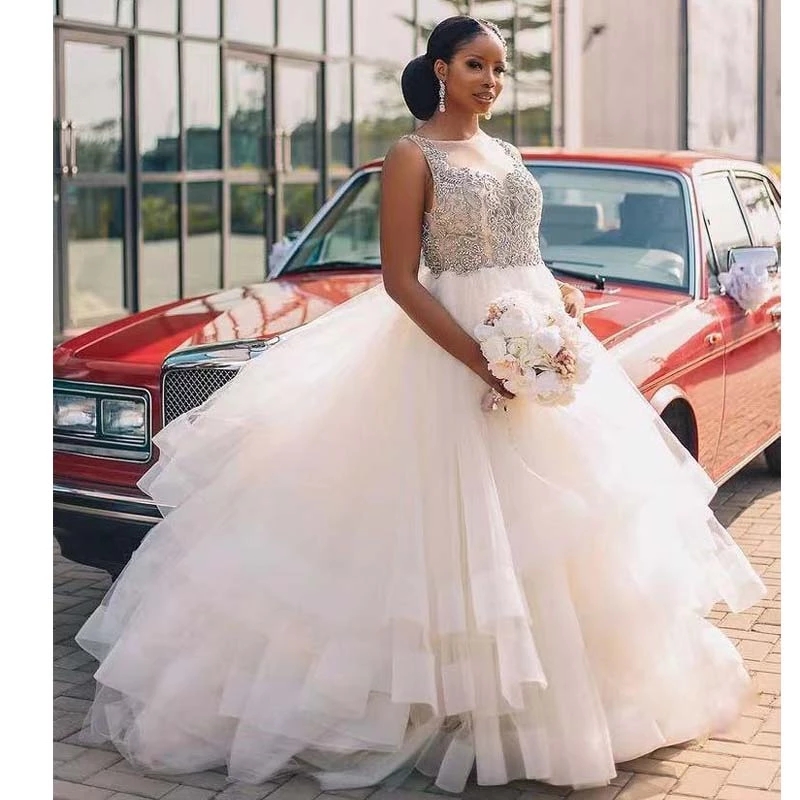 Arabic Romantic Style A Line Church Wedding Gown 2022 Tired Train Lace Up Back Bead Bridal Dress Puffy Tulle Skirt Vestido De Novia