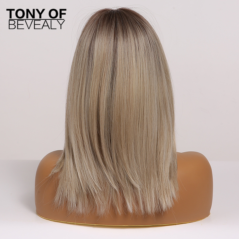 Synthetic Length Ombre Brown to Blonde Straight Hair Wigs with Bangs Synthetic Wigs for Women Cosplay Heat Resistant Natural Wigs