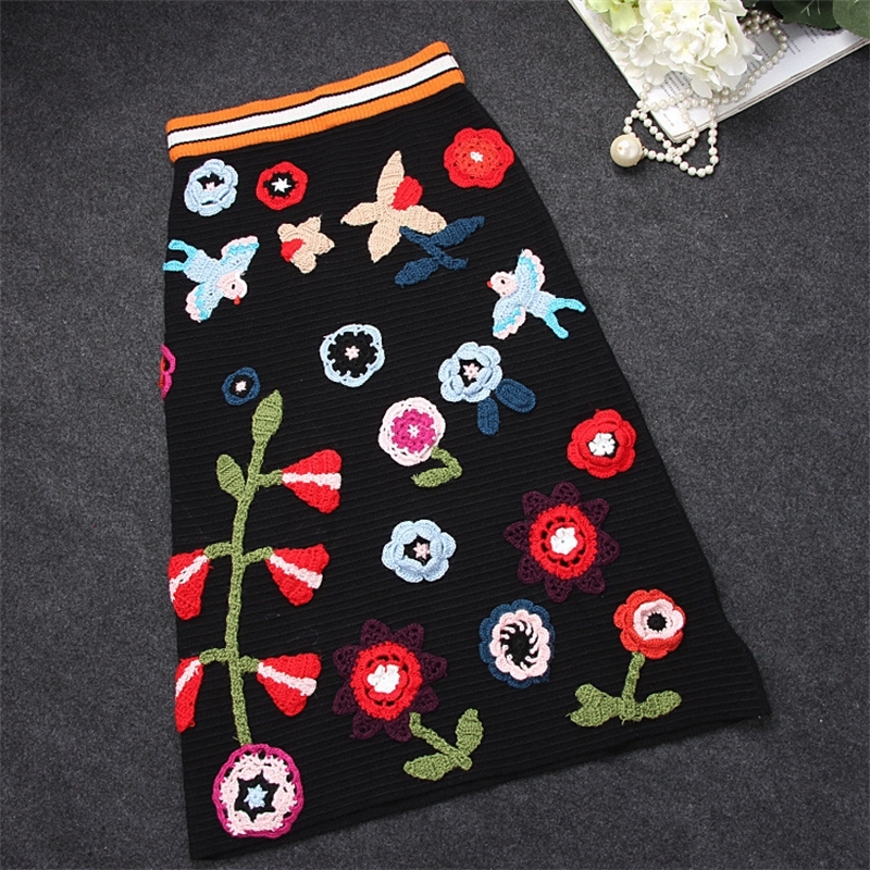3D Flowers Aapliques Midi Pencil Skirts Womens Fashion Runway Elegant Sweater Skirt Winter High Waist Knitting Midi Long Skirt T200113