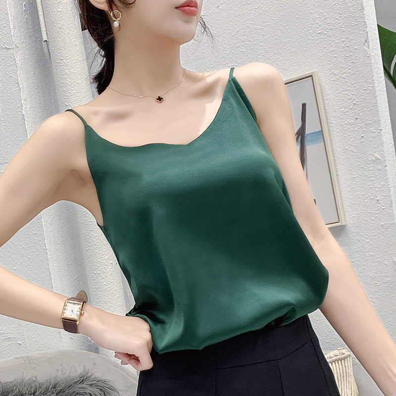 Korean Silk Halter Top Women Silk Camis Women V-neck Satin Tank Tops Elegant Woman Sleeveless White Tops Sexy Top Plus Size XXXL 210625