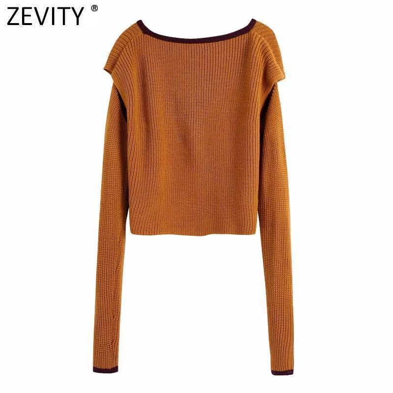 Zevity Women Fashion Oversleeve Two Wear Short Knitting Sweater Female Chic O Neck Patchwork Pullovers Crop Tops SW817 210603