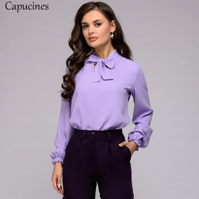 Women Fashion Bow Tie Chiffon Blouse Shirt Spring Autumn Elegant Office lady Blouses Long Sleeve Casual Shirts Solid Tops 210225