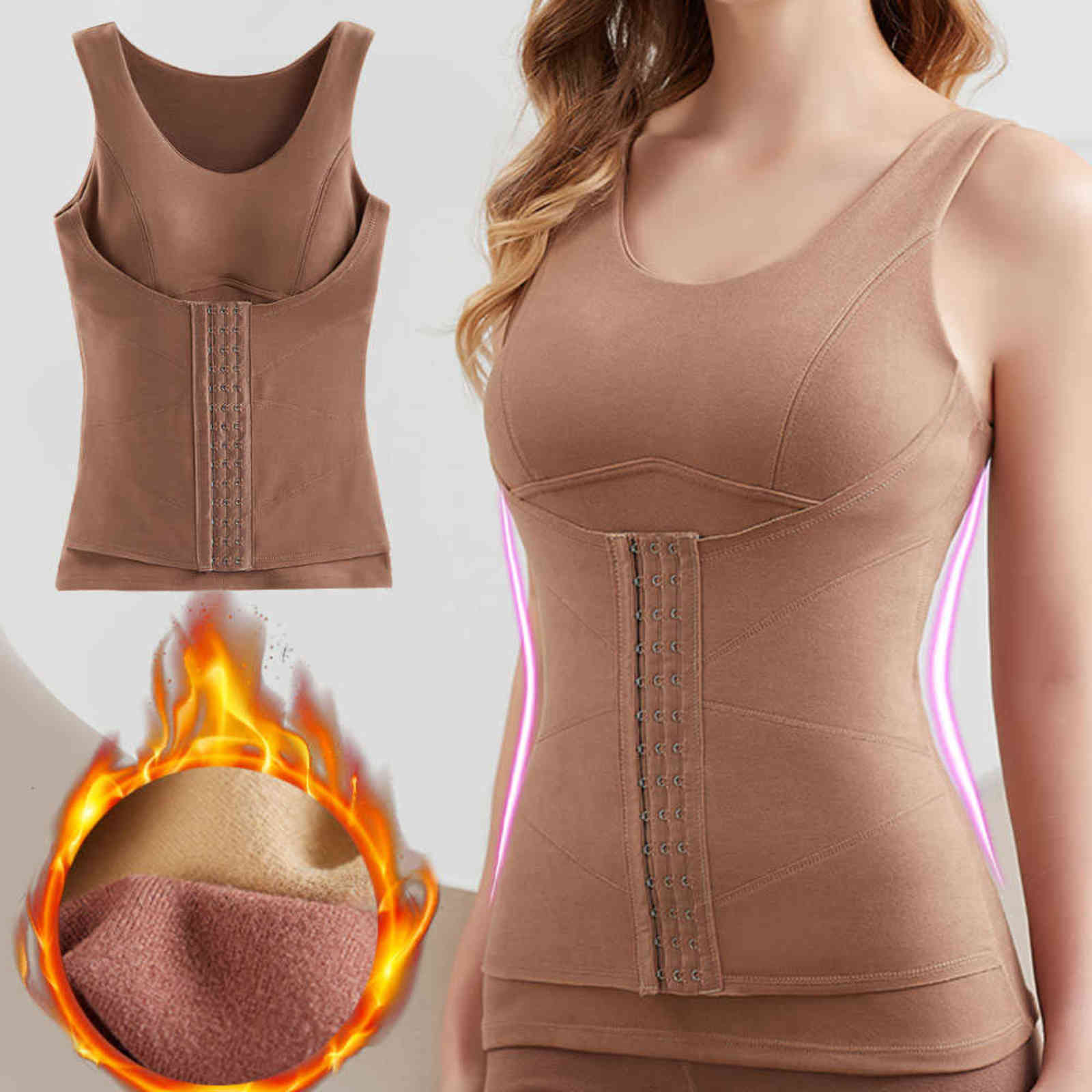 Corset Top Thermal Underwear Body Shaper Tops With Bra Women Waist Trainer Shapewear Fleece Reducing Girdles Tummy Slimming Belt 211112