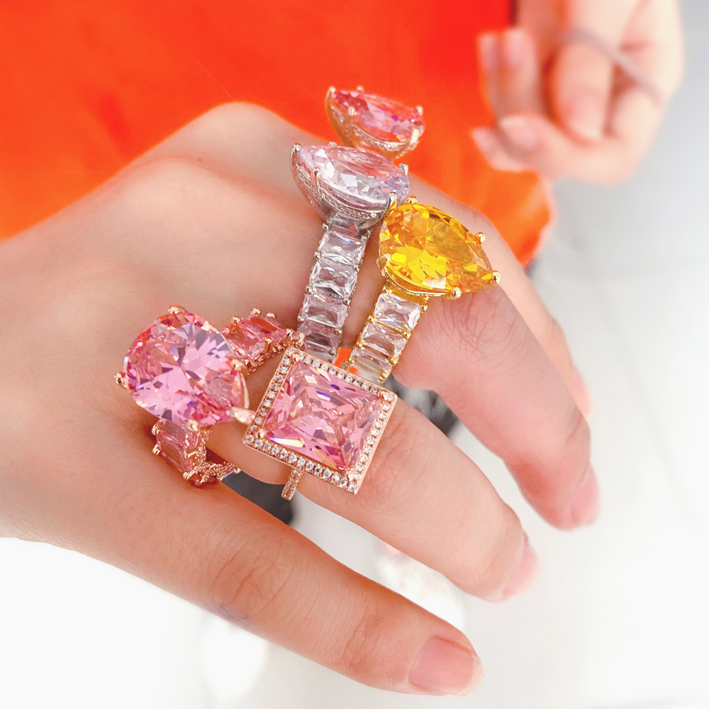 New Big Pear Shape Accent Stone Rings Rose Gold Pricess Cut full CZ Band Wedding Engagment Tear Drop Pink Pinky Ring For Women 2021
