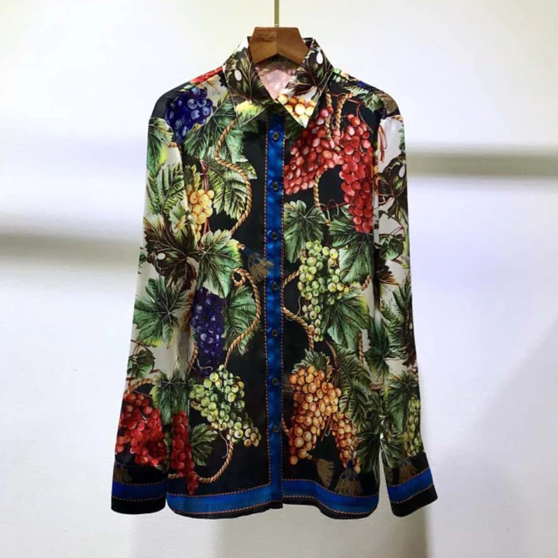AELESEEN High Quality 100% TWILL SILK Shirts Spring Runway Fashion Grape Flower Print Office Ladies Party Elegant Blouse 210225