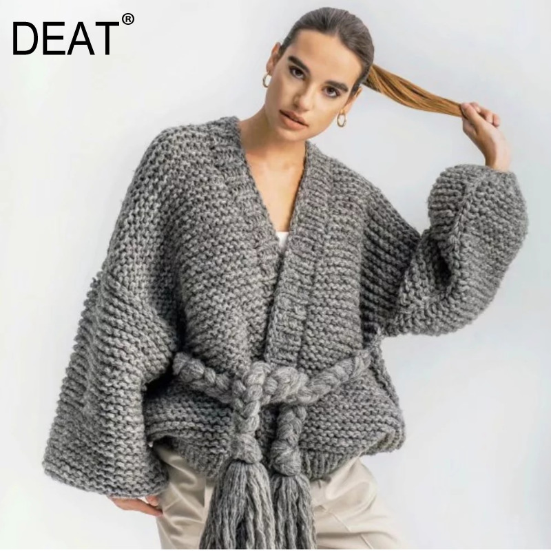 V-Neck Lantern Sleeve Knit Cardigan In Beige And Gray | Autumn Winter Collection
