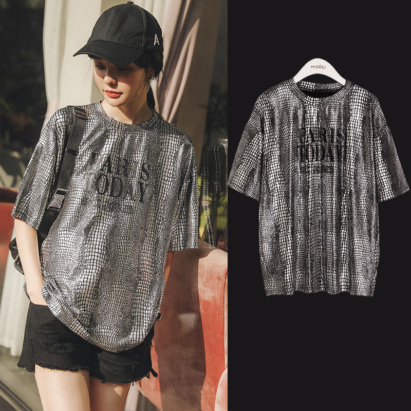 Women Sequined Top Short Sleeve Print Bling Shiny T Shirt Lady sparkling T Shirt Plus Size Summer Casual Shirts T200614
