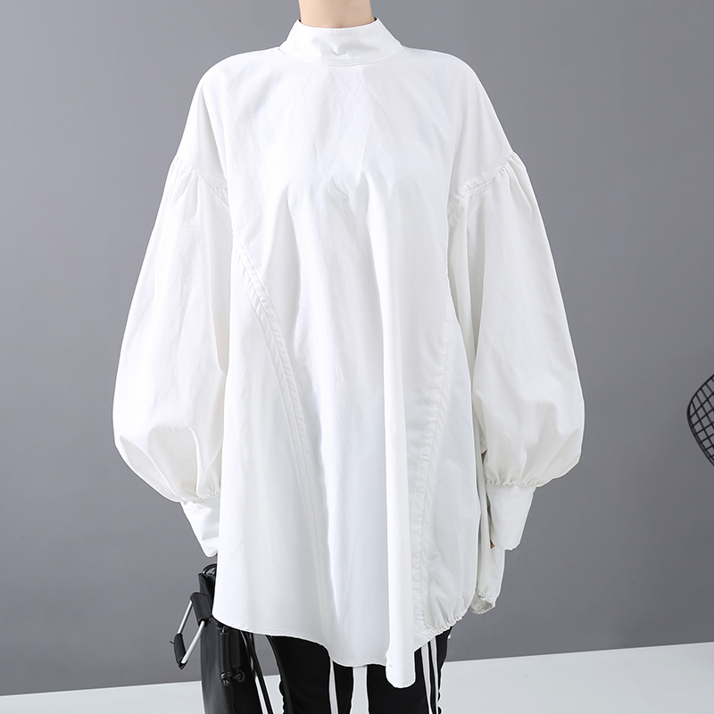 Lantern Sleeve Woman Casual Style Tops Black White Hipster Blouse Oversized Draped Lady Tunic Feminine Shirt chemise femme 5887 210225